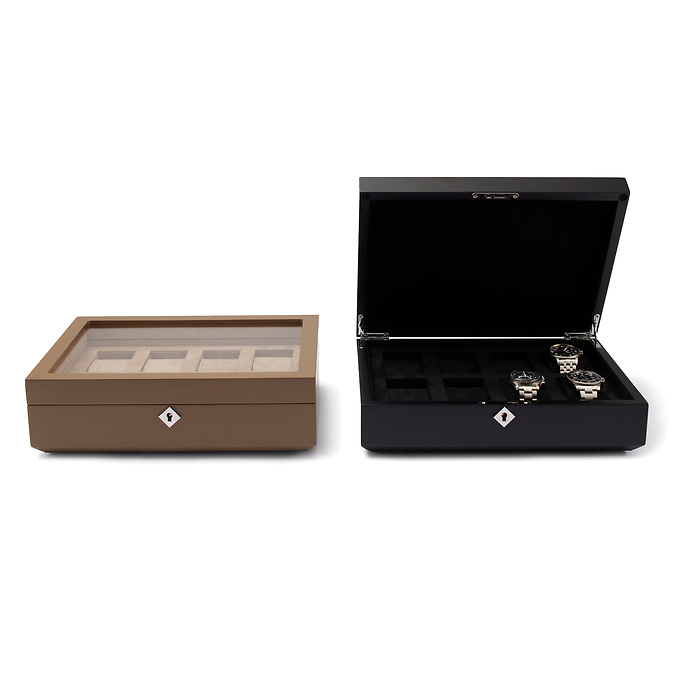 Coffret à montres Chronos avec couvercle en verre, 8 emplacements, noir