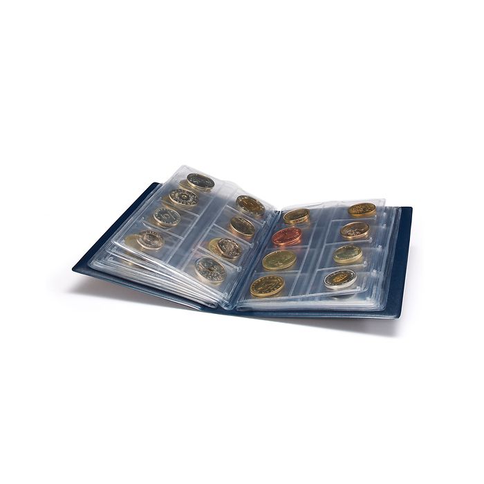 Album de poche avec 12 feuilles numismatiques pour 12 séries complètes d'euros, bleu