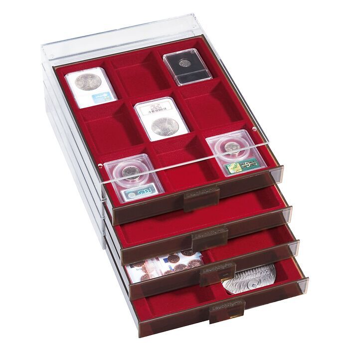 Médaillier 9 compartiments carrés pour capusles numismatiques US, teinte fumée