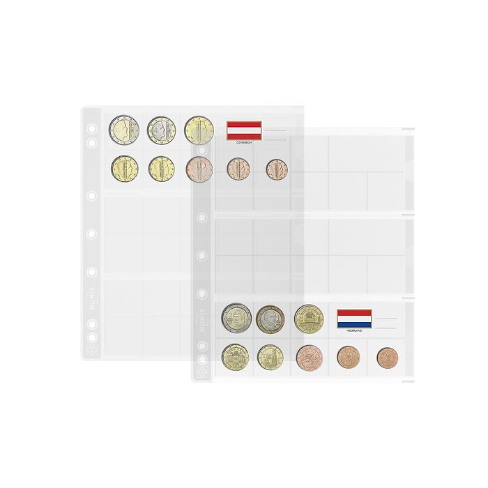 feuilles Numismatiques Numis,  pour 3 séries complètes de pièces Euros, paquet de 5
