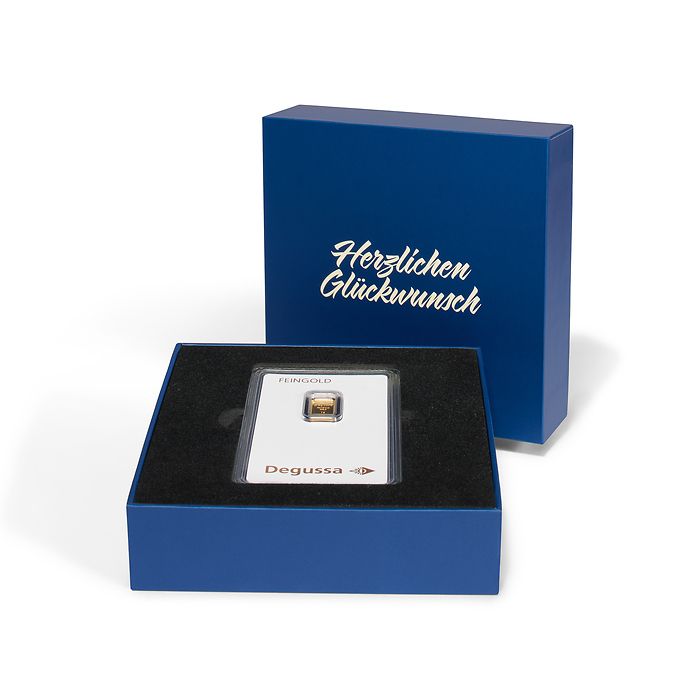 Boîte cadeau pour un lingot d’or sous blister « Herzlichen Glückwunsch », design classique