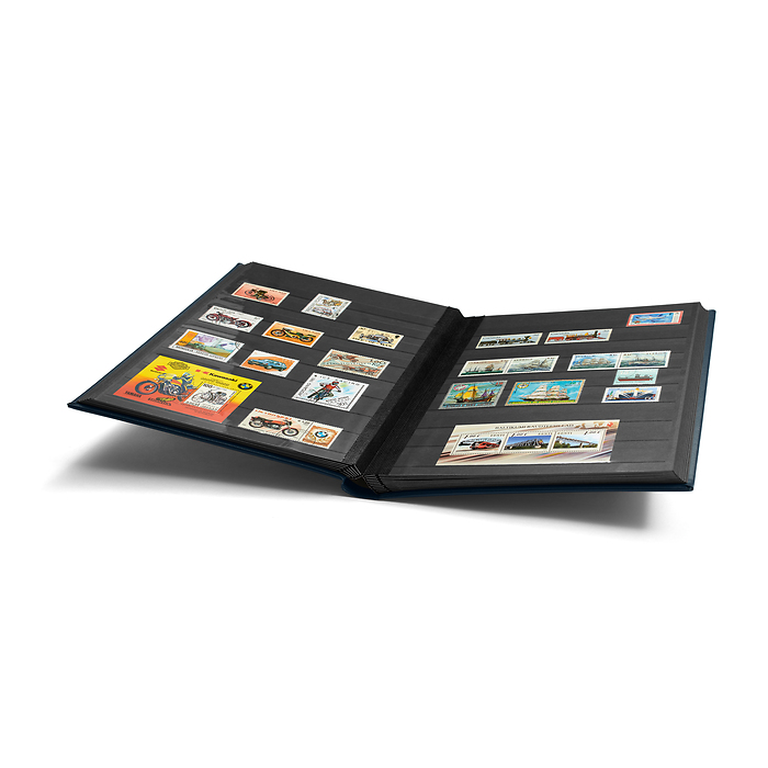 Classeur Premium, DIN A4, 32 feuilles noires, couverture ouatinée en cuir + étui, bleu