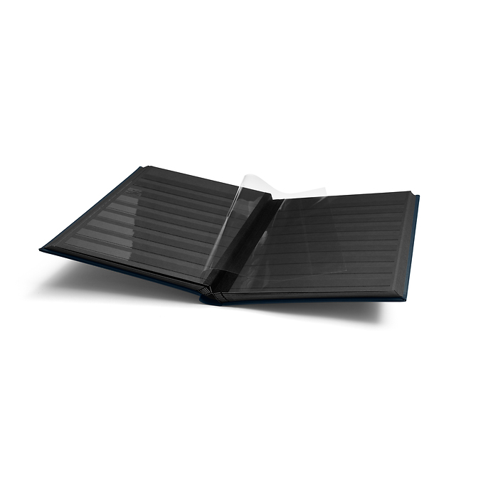 Classeur Premium, DIN A4, 32 feuilles noires, couverture ouatinée en cuir + étui, bleu