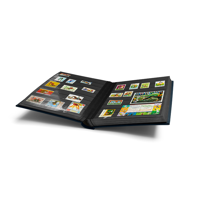 Classeur Premium, DIN A4, 64 feuilles noires, couverture ouatinée en cuir + étui, bleu